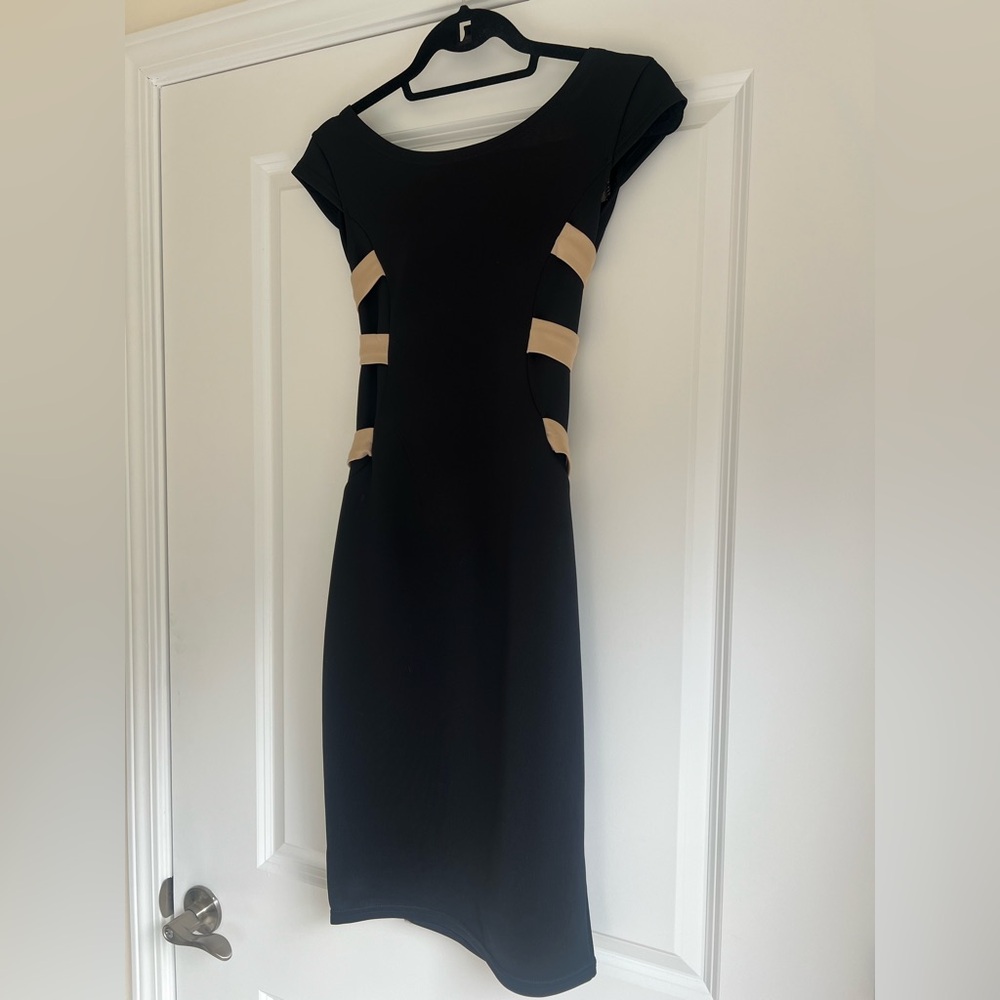 Black Nude Crisscross Cage Back Bodycon Dress Strappy Illusion Cutout Midi XS⁠